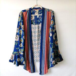 Fig & Flower Womens Blue Boho Floral Bell Sleeve Double Layer Tank Kimono Size L